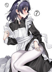 Rule 34 | 1girl, ?, @ @, alternate costume, apron, black dress, blue hair, blush, clothes lift, collared dress, dress, dress lift, enmaided, highres, hypnosis, idolmaster, idolmaster shiny colors, long sleeves, looking at viewer, maid, maid apron, maid headdress, medium hair, mind control, morino rinze, nakamura rohane, nose blush, open clothes, open dress, open mouth, pantyhose, petticoat, red eyes, solo, spoken question mark, sweat, white apron, white pantyhose