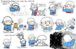 Rule 34 | 1girl, absurdres, advarcher, animal costume, blue hoodie, cake, chibi, fins, fish tail, food, gawr gura, gawr gura (1st costume), hair ornament, highres, holding, holding scissors, hololive, hololive english, hood, hoodie, looking at viewer, medium hair, mushroom cloud, plant, potted plant, scissors, shark costume, shark girl, shark hair ornament, shark tail, smol gura, subnautica, tail, two side up, virtual youtuber