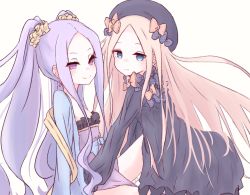 Rule 34 | 2girls, abigail williams (fate), black bow, black dress, black hat, blonde hair, blue bow, blue eyes, blush, bow, bug, butterfly, chinese clothes, closed mouth, collarbone, commentary request, dress, fate/grand order, fate (series), frills, from side, hair ornament, hair scrunchie, hands in opposite sleeves, hanfu, hat, highres, insect, long hair, long sleeves, looking at viewer, multiple girls, orange bow, parted bangs, pelvic curtain, pink eyes, polka dot, polka dot bow, purple hair, ruten (onakasukusuku), scrunchie, shawl, sidelocks, sitting, smile, tsurime, twintails, very long hair, wu zetian (fate), wu zetian (first ascension) (fate), yellow scrunchie