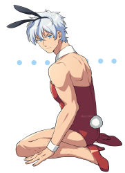 Rule 34 | 1boy, animal ears, annoyed, arm support, asada hachi, ass, banned artist, bare shoulders, blue eyes, character request, check character, closed mouth, commentary, crossdressing, detached collar, fake animal ears, fake tail, from behind, frown, full body, hair between eyes, high heels, highres, kyuuketsuki sugu shinu, leg hair, leotard, looking at viewer, looking back, male focus, male playboy bunny, rabbit ears, rabbit tail, red footwear, red leotard, ronaldo (kyuuketsuki sugu shinu), short hair, sitting, solo, strapless, strapless leotard, sweatdrop, tail, twitter username, wariza, watermark, white background, white hair, wrist cuffs