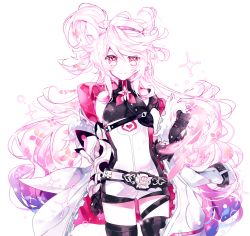 Rule 34 | 1girl, belt, black gloves, black shorts, clenched hand, closed mouth, cowboy shot, elsword, eternity winner (elsword), g ieep, gloves, hairband, highres, jacket, laby (elsword), long hair, looking at viewer, messy hair, pink eyes, shorts, simple background, smile, solo, white background, white hair
