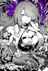 Rule 34 | 1girl, absurdres, acheron (honkai: star rail), breasts, cleavage, closed mouth, collarbone, commentary request, greyscale, greyscale with colored background, hair over one eye, highres, honkai: star rail, honkai (series), large breasts, long hair, looking at viewer, monochrome, purple background, purple eyes, solo, upper body, yotsumi shiro