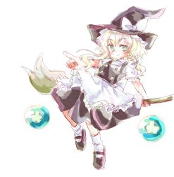 Rule 34 | 1girl, apron, bad id, bad pixiv id, ball, black dress, blonde hair, bow, braid, broom, broom riding, dress, green eyes, hat, hat bow, kirisame marisa, kuromame (8gou), long hair, looking at viewer, pointing, puffy sleeves, shirt, short sleeves, simple background, single braid, smile, solo, star (symbol), touhou, waist apron, white background, witch hat