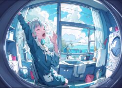 Rule 34 | 1girl, ahoge, ai-assisted, arm up, b74, blue hair, blue hoodie, blue sky, bottle, chair, chinese commentary, closed eyes, cloud, cloudy sky, commentary, commentary request, curtains, day, drawstring, english commentary, fisheye, gawr gura, hand up, hololive, hololive english, hood, hoodie, indoors, long sleeves, medium hair, messy hair, mixed-language commentary, multicolored hair, ocean, open mouth, scenery, shark girl, sharp teeth, shelf, sink, sitting, sky, solo, streaked hair, stretching, teeth, towel, trash can, two-tone hair, upper teeth only, virtual youtuber, washing machine, water, white hair, window, yawning