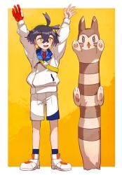 Rule 34 | 1boy, :d, ahoge, arms up, black hair, blue shirt, blush, border, collared shirt, colored inner hair, commentary request, creatures (company), crossed bangs, furret, game freak, gen 2 pokemon, gloves, hair between eyes, hairband, highres, jacket, kieran (pokemon), knees, long sleeves, male focus, multicolored hair, necktie, nintendo, open mouth, partially fingerless gloves, pokemon, pokemon (creature), pokemon sv, potori3939, red gloves, red necktie, shirt, shoes, shorts, single glove, smile, socks, standing, white border, white footwear, white jacket, white shorts, yellow eyes, yellow hairband