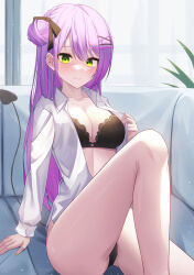 Rule 34 | 1girl, absurdres, black bra, black panties, black ribbon, blush, bra, breasts, cleavage, closed mouth, collarbone, colored inner hair, couch, demon girl, demon tail, ear piercing, green eyes, hair bun, hair ornament, hair ribbon, hairclip, hidel, highres, hololive, long hair, long sleeves, looking at viewer, medium breasts, multicolored hair, on couch, open clothes, open shirt, panties, piercing, pink hair, purple hair, ribbon, shirt, smile, solo, streaked hair, tail, tail ornament, tail piercing, tokoyami towa, underwear, virtual youtuber, white shirt, x hair ornament
