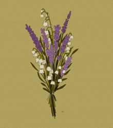 Rule 34 | bouquet, commentary, commission, english commentary, flower, highres, lavender (flower), leaf, libbyframe, lily of the valley, no humans, original, plant, purple flower, signature, simple background, still life, white flower, yellow background