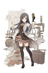 Rule 34 | 1girl, ascot, backpack, bag, belt, belt pouch, black gloves, black hair, blueprint (object), boots, brown skirt, cross-laced footwear, explosive, full body, gloves, grenade, hand up, highres, industrial pipe, long hair, looking at viewer, official art, open mouth, paper, pile of books, pouch, princess principal, princess principal game of mission, purple eyes, schematic, scroll, skirt, smile, sophie mackenzie, standing, suitcase, thigh boots, thighhighs, transparent background, valve, watch