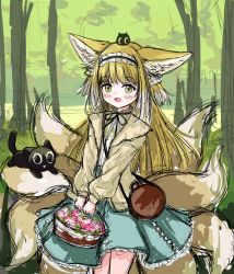 Rule 34 | 1girl, :d, absurdres, animal, animal ear fluff, animal ears, arknights, bag, basket, black cat, black hairband, black ribbon, blonde hair, blue skirt, blush, brown jacket, cat, commentary, crossover, day, english commentary, flower, fox ears, fox girl, fox tail, frilled hairband, frills, green eyes, hairband, heixiu, highres, holding, holding basket, jacket, kitsune, kyuubi, long hair, long sleeves, looking at viewer, luo xiaohei, luo xiaohei zhanji, multicolored hair, multiple tails, neck ribbon, on head, open clothes, open jacket, open mouth, outdoors, pink flower, puffy long sleeves, puffy sleeves, ribbon, rylaera, shirt, shoulder bag, sketch, skirt, smile, suzuran (arknights), suzuran (spring praise) (arknights), tail, tree, two-tone hair, very long hair, white hair, white shirt