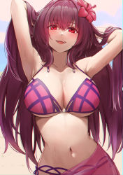 Rule 34 | 1girl, :d, absurdres, bikini, breasts, cleavage, fate/grand order, fate (series), flower, hair flower, hair intakes, hair ornament, hands in hair, hibiscus, highres, large breasts, long hair, looking at viewer, navel, open mouth, pink bikini, purple bikini, purple hair, purple sarong, red eyes, sarong, scathach (fate), scathach (fate/grand order), scathach (swimsuit assassin) (fate), smile, solo, swimsuit, underboob, yoshimoto (carpsukidayo)