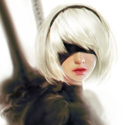 Rule 34 | 1girl, absurdres, black dress, black hairband, blindfold, broadsword, chain, closed mouth, dress, greatsword, hair over eyes, hair over one eye, hairband, highres, huge weapon, juliet sleeves, katana, kyung han kim, lips, lipstick, long sleeves, looking at viewer, makeup, mole, mole under mouth, nier (series), nier:automata, nose, parted lips, puffy sleeves, red lips, ribbed dress, ribbon, ribbon-trimmed dress, ribbon trim, short hair, simple background, solo, sword, turtleneck, upper body, weapon, weapon on back, white background, white hair, 2b (nier:automata)