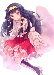 Rule 34 | 1boy, alluka zoldyck, anthiea, black hair, blunt bangs, boots, closed mouth, crossdressing, hairband, hakama, hakama short skirt, hakama skirt, hunter x hunter, japanese clothes, long hair, looking at viewer, male focus, multi-tied hair, outstretched arm, red eyes, simple background, skirt, smile, solo, trap, white background