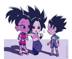 Rule 34 | +++, 10s, 1boy, 2girls, armor, baggy pants, bandeau, belt, black eyes, black hair, blush stickers, caulifla, chibi, clenched hands, dragon ball, dragon ball super, eyelashes, kale (dragon ball), kyabe, leg up, looking at another, multiple girls, open mouth, pants, ponytail, red shirt, red skirt, shadow, shirt, short hair, simple background, skirt, smile, spiked hair, standing, sweatdrop, tank top, twitter username, white background, wristband