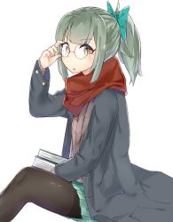 Rule 34 | 10s, 1girl, bad id, bad pixiv id, bespectacled, book, brown eyes, coat, glasses, grey hair, highres, kantai collection, pantyhose, personification, ponytail, scarf, skirt, solo, suzuharu, suzuharu toufu, yuubari (kancolle)