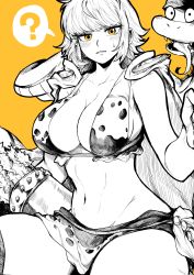Rule 34 | 1girl, ?, animal print, arrow (projectile), bikini, blush, breasts, cleavage, cloak, collarbone, commentary request, cowboy shot, greyscale with colored background, groin, highres, large breasts, leopard print, loincloth, looking at viewer, marguerite (one piece), midriff, monochrome, navel, one piece, parted lips, partial commentary, quiver, short hair, sidelocks, simple background, snake, spoken question mark, sweat, swimsuit, thighhighs, underbust, yellow background, yellow eyes, yotsumi shiro