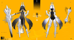 Rule 34 | + +, 1girl, absurdres, asymmetrical legwear, black hair, black skin, blue sclera, breasts, character sheet, colored sclera, colored skin, commentary request, dark skin, drone, egyptian, full body, grey eyes, headgear, highres, jiangyiting17, looking at viewer, mecha musume, original, pelvic curtain, revealing clothes, scarf, short hair, single thighhigh, slit pupils, small breasts, standing, thighhighs, very dark skin, white hair, yellow background, yellow eyes