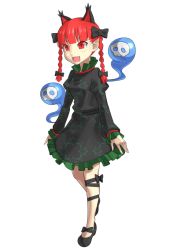 Rule 34 | 1girl, animal ears, bow, braid, cat ears, cat tail, dress, full body, kaenbyou rin, kugata1, long sleeves, multiple tails, open mouth, red eyes, red hair, solo, tail, touhou, transparent background, twin braids, two tails