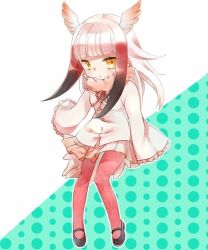Rule 34 | 10s, 1girl, bird tail, bird wings, black hair, blush, commentary request, frilled sleeves, frills, fur collar, head wings, hiyotooshi, japanese crested ibis (kemono friends), kemono friends, long sleeves, multicolored hair, neck ribbon, oversized clothes, pantyhose, pleated skirt, red hair, red pantyhose, ribbon, short hair, sidelocks, skirt, solo, tail, white hair, wings, yellow eyes
