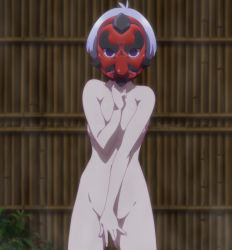 Rule 34 | 1girl, absurdres, breasts squeezed together, breasts, collarbone, completely nude, covering privates, covering crotch, highres, irina ilukhina, large breasts, mask, navel, nude, renai flops, screencap, short hair, stitched, tengu mask, third-party edit, white hair