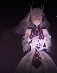 Rule 34 | 1girl, absurdres, arm armor, artist name, bob cut, breasts, center-flap bangs, chinese commentary, closed eyes, commentary, cross-laced clothes, cross-laced collar, cross-laced dress, dated, dim lighting, dress, gown, headgear, highres, holding, light particles, liv: luminance (punishing: gray raven), liv (punishing: gray raven), mechanical arms, medium breasts, mianqia, no mouth, punishing: gray raven, short hair, snow globe, solo, upper body, veil, white dress, white hair