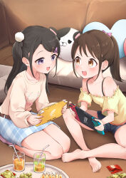 Rule 34 | 2girls, absurdres, barefoot, belt, black hair, blue skirt, blush, brown eyes, brown hair, child, crossed legs, cup, denim, denim shorts, drinking glass, drinking straw, eye contact, face-to-face, fang, feet, food, hair ornament, hairclip, highres, indoors, legs, long hair, long sleeves, looking at another, multiple girls, nintendo switch, okura-chan (at nya5), open mouth, original, pink eyes, plaid, plaid skirt, playing games, ponytail, shirt, short shorts, short sleeves, shorts, side ponytail, sitting, skirt, smile, stuffed toy, thighs, toes, tray, white shirt, yellow shirt