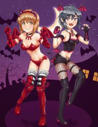 2girls absurdres antenna_hair armor asymmetrical_gloves bare_tree bat_(animal) bat_wings bikini_armor black_eyes black_footwear black_hair blush boots bra breasts brown_eyes brown_hair choker claw_pose cleavage closed_mouth demon_girl demon_tail demon_wings elbow_gloves fangs fingerless_gloves fishnets frilled_thighhighs frills full_body gauntlets ghost gloves greaves hagiwara_yukiho highres house idolmaster idolmaster_(classic) kikuchi_makoto looking_at_viewer medium_breasts mismatched_gloves moon multiple_girls navel night nightmare_blood_(idolmaster) nii_niip open_mouth short_hair small_breasts smile standing standing_on_one_leg strapless strapless_bra striped_clothes striped_thighhighs tail thighhighs tombstone tree underwear wings