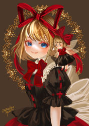 Rule 34 | 1girl, artist name, black shirt, blonde hair, blue eyes, blush, bow, bowtie, breasts, dated, eyebrows hidden by hair, eyeshadow, fairy wings, frilled shirt collar, frills, grey background, hair ribbon, highres, looking at viewer, makeup, medicine melancholy, medium breasts, puffy short sleeves, puffy sleeves, red bow, red bowtie, red ribbon, ribbon, shirt, short hair, short sleeves, signature, simple background, skirt, smile, soyohito, su-san, swept bangs, touhou, upper body, wings