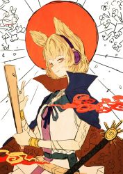 Rule 34 | 1girl, armlet, belt, black belt, black ribbon, blonde hair, blue cape, bracelet, cape, commentary, contrast, earmuffs, english commentary, hair ears, half-closed eyes, hand up, high collar, jewelry, mikan (mimimimikandesu), neck ribbon, orange cape, outstretched hand, parted lips, pointy hair, red sun, ribbon, ritual baton, scabbard, sheath, sheathed, short hair, simple background, sleeveless, smirk, solo, sun, sword, touhou, toyosatomimi no miko, two-sided cape, two-sided fabric, upper body, weapon, white background, yellow eyes