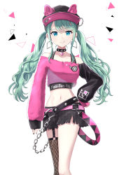 Rule 34 | 1girl, absurdres, alternate costume, alternate eye color, animal ear headwear, aqua hair, arm at side, asymmetrical sleeves, bare shoulders, belt, belt buckle, belt skirt, black nails, black skirt, blue eyes, breasts, buckle, chain, cleavage, collar, collarbone, contrapposto, crop top, crop top overhang, earrings, english text, fake animal ears, feet out of frame, fishnet thighhighs, fishnets, garter straps, grin, hand on own hip, hat, hatsune miku, heart, heart collar, heart earrings, highres, itogari, jewelry, linea alba, long hair, long sleeves, looking at viewer, medium breasts, midriff, miniskirt, nail polish, narrow waist, navel, pink belt, project sekai, sidelocks, simple background, single thighhigh, skirt, smile, smirk, solo, spiked collar, spikes, swept bangs, thighhighs, torn clothes, torn skirt, twintails, very long hair, vivid bad squad miku, vocaloid