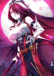 Rule 34 | 1girl, absurdres, azutan, bare shoulders, breasts, claw pose, fishnet legwear, fishnets, full moon, genshin impact, hair over one eye, highres, large breasts, looking at viewer, moon, night, night sky, nun, purple eyes, purple hair, purple legwear, purple sky, rosaria (genshin impact), sky, solo, veil