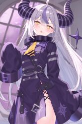 Rule 34 | 1girl, ahoge, ascot, blush, coat, collar, commentary, demon girl, demon horns, grey hair, hair between eyes, hand up, highres, hololive, horns, la+ darknesss, long hair, long sleeves, looking at viewer, metal collar, multicolored hair, o-ring, open mouth, pantyhose, pointy ears, purple coat, purple hair, purple pantyhose, sakura yunuto, side slit, sidelocks, single leg pantyhose, sleeves past fingers, sleeves past wrists, solo, streaked hair, striped horns, very long hair, virtual youtuber, wide sleeves, yellow ascot, yellow eyes