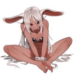 Rule 34 | 1girl, abs, absurdres, animal ears, barefoot, between legs, black bra, boku no hero academia, bottomless, bra, breasts, butterfly sitting, cleavage, dark-skinned female, dark skin, detached collar, eungi, feet, full body, hair between eyes, hand between legs, highres, large breasts, leaning forward, long eyelashes, long hair, looking at viewer, medium breasts, mirko, nail polish, navel, rabbit ears, rabbit girl, red eyes, red nails, shiny clothes, sitting, smile, soles, solo, toenail polish, toenails, toes, toned, underwear, very long hair, white background, white hair, wrist cuffs