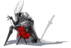 Rule 34 | 1girl, 1other, androgynous, armor, arthropod girl, arthropod limbs, black skin, breastplate, cape, cloak, colored skin, from side, full body, grey cape, hand on another&#039;s back, hashtag-only commentary, height difference, holding, holding sword, holding weapon, hollow knight, hollow knight (character), hornet (hollow knight), horns, joints, nail (hollow knight), no mouth, on one knee, pauldrons, red cloak, shoulder armor, simple background, standing, sword, weapon, white background, xiaopizi32439