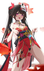 Rule 34 | 1girl, absurdres, bare legs, bare shoulders, bell, black choker, black panties, blush, brown hair, butterfly-shaped pupils, choker, commentary, criss-cross halter, dress, flower tattoo, fox mask, halterneck, hgoo, highres, holding, honkai: star rail, honkai (series), kneeling, long hair, looking at viewer, mask, mask on head, neck bell, obi, open mouth, panties, red dress, red eyes, red nails, red sleeves, sash, simple background, sleeveless, sleeveless dress, smile, solo, sparkle (honkai: star rail), symbol-shaped pupils, tattoo, twintails, underwear, white background