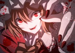 Rule 34 | 1girl, ascot, bad id, bad twitter id, blonde hair, blood, collared shirt, commentary request, crystal, evil smile, fangs, fingernails, flandre scarlet, frilled shirt collar, frills, hair between eyes, hat, jan (lightdragoon), long fingernails, looking at viewer, mob cap, nail polish, open mouth, red background, red eyes, red nails, shirt, short hair, smile, solo, teeth, touhou, yellow ascot