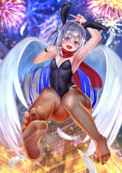 Rule 34 | 1girl, absurdres, amane kanata, angel wings, animal ears, blush, fake animal ears, feathers, feet, fireworks, highres, hololive, leotard, long hair, looking at viewer, open mouth, pantyhose, purple eyes, rabbit ears, scarf, short twintails, silver hair, soles, toes, twintails, virtual youtuber, wings