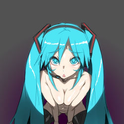 Rule 34 | 1girl, aqua eyes, aqua hair, breasts, cleavage, from above, hatsune miku, jt dong-agyoku, long hair, looking at viewer, looking up, nude, solo, thighhighs, twintails, very long hair, vocaloid