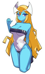 Rule 34 | 1girl, absurdres, arm behind back, bare shoulders, blonde hair, blue skin, breasts, cameltoe, cleavage, closed mouth, colored skin, commentary request, covered navel, duel monster, elf, expressionless, eyebrows, eyelashes, full body, gris swimsuit, hair between eyes, hair ornament, hand up, high heels, highres, kneeling, large breasts, leotard, long hair, looking to the side, meme attire, mystical elf, noxtwice, pointy ears, purple eyes, simple background, solo, strapless, strapless leotard, thick eyelashes, white background, yu-gi-oh!