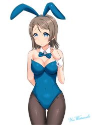 Rule 34 | 10s, 1girl, animal ears, arm behind back, bare shoulders, black pantyhose, blue eyes, blue leotard, bow, bowtie, breasts, character name, cleavage, covered navel, cowboy shot, derivative work, detached collar, fake animal ears, grey hair, highres, kuro ikusanin, leotard, looking at viewer, love live!, love live! sunshine!!, medium breasts, open mouth, pantyhose, playboy bunny, rabbit ears, short hair, simple background, smile, solo, standing, strapless, strapless leotard, watanabe you, white background, wrist cuffs