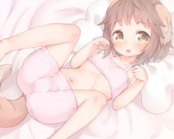 Rule 34 | 1girl, animal ears, blush, brown eyes, brown hair, dog ears, dog tail, female focus, looking at viewer, lying, navel, on back, on bed, open mouth, original, paw pose, sakurea, short hair, solo, tail