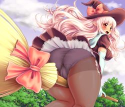 Rule 34 | 1girl, ass, between thighs, blush, broom, broom riding, cameltoe, cloud, crotch rub, crotch seam, dress, elbow gloves, fang, flying, gloves, hat, highres, kokumotsu, long hair, looking back, open mouth, original, panties, panties under pantyhose, pantyhose, pantyshot, pink hair, pointy ears, red eyes, sky, solo, thick thighs, thighs, tree, trefoil, underwear, upskirt, witch, witch hat