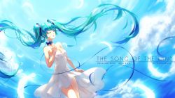 Rule 34 | 10s, 1girl, 2016, absurdres, artist name, character name, cloud, copyright name, dated, dress, closed eyes, feathers, floating hair, green hair, hand on own chest, hatsune miku, highres, long hair, luo qingyu, open mouth, sky, solo, strapless, strapless dress, twintails, very long hair, vocaloid, white dress