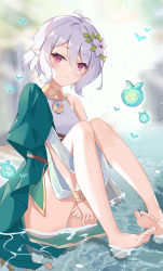 Rule 34 | 1girl, antenna hair, bare legs, barefoot, blush, commentary request, dress, elf, feet, full body, green dress, hair between eyes, highres, hugging own legs, knees up, kokkoro (princess connect!), legs, long sleeves, looking at viewer, pointy ears, princess connect!, red eyes, revision, serika, short hair, silver hair, single bare shoulder, sitting, smile, soles, solo, toes, two-tone dress, water, white dress