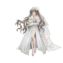 Rule 34 | 1girl, bouquet, breasts, bridal veil, brown hair, cleavage, closed mouth, collarbone, dress, flower, full body, girls&#039; frontline, grey footwear, hair between eyes, hair flower, hair ornament, high heels, highres, holding, holding bouquet, long hair, looking at viewer, medium breasts, mole, mole under eye, off-shoulder dress, off shoulder, official alternate costume, official art, red eyes, simple background, solo, sp9 (drifting snow) (girls&#039; frontline), sp9 (girls&#039; frontline), standing, strapless, strapless dress, third-party source, transparent background, veil, very long hair, wedding dress, white dress, white flower, youamo