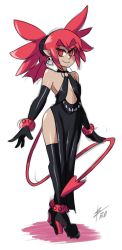 Rule 34 | 1girl, anklet, bad id, bad tumblr id, bare shoulders, bat wings, bigdead, black dress, boots, center opening, commentary, demon girl, demon tail, disgaea, dress, earrings, elbow gloves, etna (disgaea), eyebrows, flat chest, full body, gloves, gown, halterneck, high heel boots, high heels, highres, jewelry, long hair, long legs, mini wings, red eyes, red hair, scrunchie, side slit, skull earrings, slit pupils, smile, solo, tail, thick eyebrows, thigh boots, thighhighs, twintails, wings