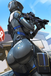 Rule 34 | 1girl, artist name, ass, ass focus, assault rifle, belt, black bodysuit, blue sky, bodysuit, breasts, close-up, cuffs, day, from behind, german text, gun, h&amp;k g36c, handcuffs, helmet, highres, holding, holding gun, holding weapon, house, huge ass, large breasts, limousine, nisetanaka, original, outdoors, police, pouch, rifle, road, road sign, sign, sky, solo, street, thigh pouch, thighs, weapon
