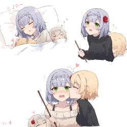 Rule 34 | 3girls, absurdres, black sweater, blonde hair, blush, braid, closed eyes, commentary request, flower, genshin impact, green eyes, hair flower, hair ornament, heart, highres, kiss, kissing cheek, long hair, looking at viewer, lumine (genshin impact), medium hair, mother and daughter, multiple girls, multiple views, musical note, noelle (genshin impact), off-shoulder sweater, off shoulder, open mouth, panties, pillow, red flower, silver hair, simple background, sleeping, sweater, under covers, underwear, upper body, white background, white sweater, yajuu, yuri, zzz