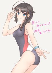 Rule 34 | 1girl, ahoge, ass, bare shoulders, black hair, blue eyes, braid, breasts, cowboy shot, double v, from side, grey background, hair flaps, hair ornament, hair over shoulder, kantai collection, looking at viewer, medium breasts, one-piece swimsuit, pink background, shigure (kancolle), shigure kai ni (kancolle), shirasawa kazane, simple background, single braid, smile, solo, swimsuit, v, wristband