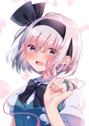 Rule 34 | 1girl, :d, black bow, black bowtie, blue eyes, blush, bow, bowtie, breast pocket, breasts, buttons, collared shirt, commentary request, eyelashes, green vest, hair between eyes, hairband, happy, highres, hitodama, konpaku youmu, looking at viewer, open mouth, otowa (otoha4634), petals, pinky out, pocket, puffy short sleeves, puffy sleeves, shirt, short hair, short sleeves, silver hair, simple background, small breasts, smile, solo, string, string of fate, touhou, upper body, vest, white background, white shirt, wing collar