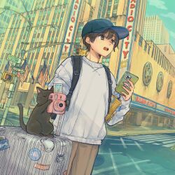 Rule 34 | 1boy, :o, american flag, backpack, bag, baseball cap, black cat, black hair, blue hat, blue sky, book, bookmark, brown eyes, brown pants, building, camera, cat, cellphone, city, commentary request, cowboy shot, crosswalk, day, hair between eyes, hat, highres, holding, holding camera, holding phone, lamppost, long sleeves, male focus, new york, one way sign, open mouth, original, outdoors, pants, pedestrian lights, phone, photo (object), port (portzzz), real world location, road, road sign, rockefeller center, rolling suitcase, short hair, sign, sky, skyscraper, smartphone, solo, standing, sticker, street, suitcase, sweater, taking picture, teeth, upper teeth only, utility pole, white sweater